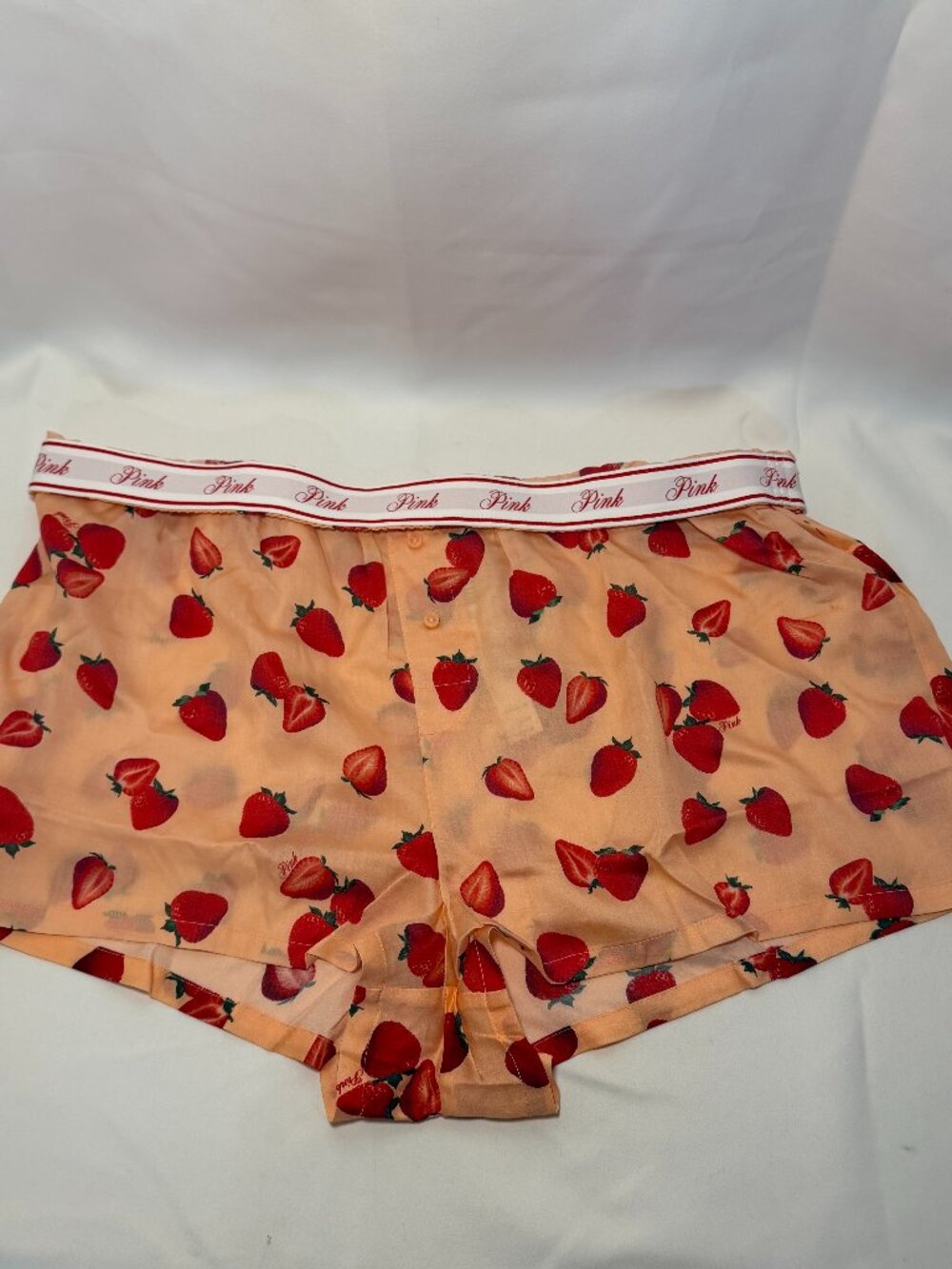 Victorias Secret Pink Womens XL Silky Sleep Boxy PJ Shorts Peach Strawberry NWT
